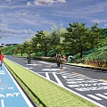 Municipal Road Design Featuring Green Landscaping Bicycle Lane Pedestrian Path Trees Cyclists And Pedestrians