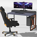 Sleek Entertainment Desk With Curved Monitor Ergonomic Gaming Chair Headphones And Keyboard