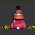 Pink Creature With Top Hat Sharp Teeth And Small Teapot Near Plants 3d model