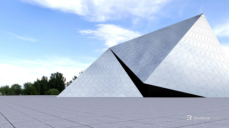 Modern Geometric Building With Faceted Exterior Under Blue Sky And Trees 3d model 