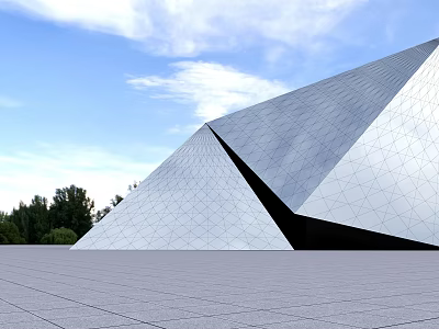 Modern Geometric Building With Faceted Exterior Under Blue Sky And Trees 3d model