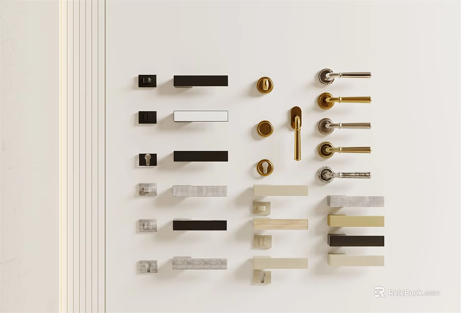 Various Styles And Colors Of Door Handles Neatly Arranged On White Background 3d model 