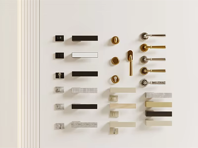 Various Styles And Colors Of Door Handles Neatly Arranged On White Background 3d model