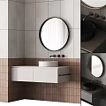 Modern Bathroom Sink Vanity With Round Mirror Black Basin And Gray Cabinet