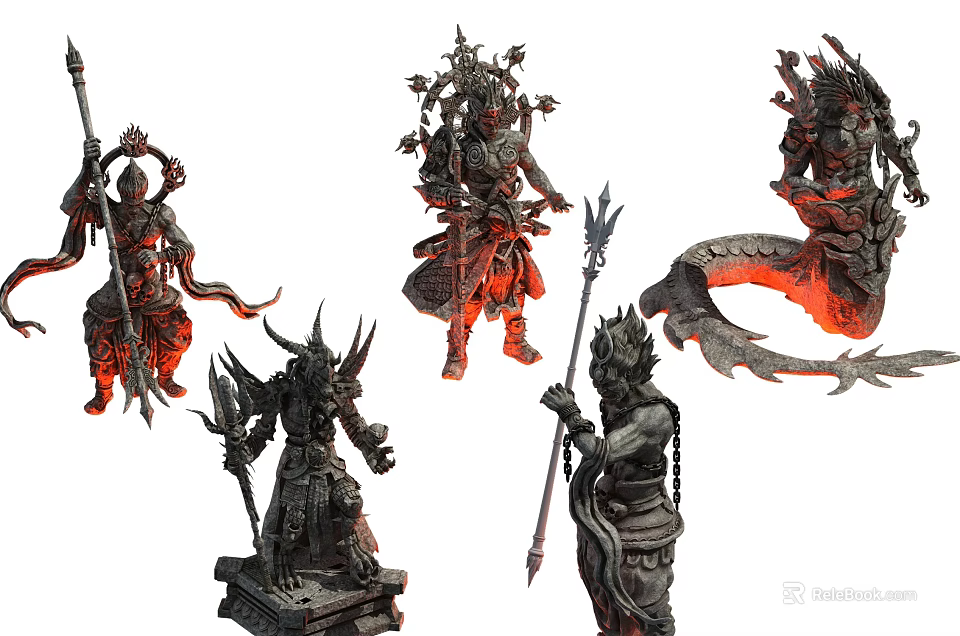 Mythical Warrior Sculptures With Intricate Carvings Spear Staff Weapons And Red Glowing Details 3d model 