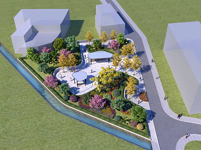 Urban Square Landscape With Green Lawn Trees Flowers Pavilion Stream And Surrounding Buildings 3d model