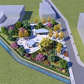 Urban Square Landscape With Green Lawn Trees Flowers Pavilion Stream And Surrounding Buildings