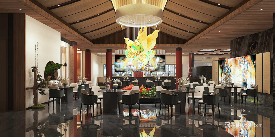 Elegant Modern Restaurant Interior With Wooden Ceiling Chandelier Dining Tables Chairs And Decorative Plants 3d model 