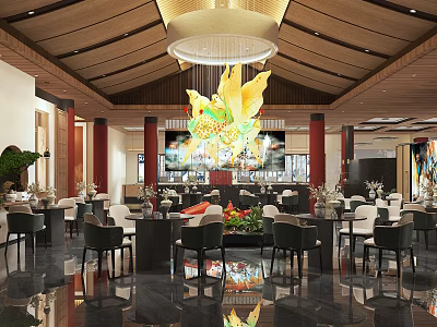 Elegant Modern Restaurant Interior With Wooden Ceiling Chandelier Dining Tables Chairs And Decorative Plants 3d model