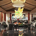 Elegant Modern Restaurant Interior With Wooden Ceiling Chandelier Dining Tables Chairs And Decorative Plants