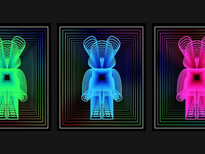Three Panel Neon Rabbit Shaped Art Installation With Geometric Design And Black Background 3d model