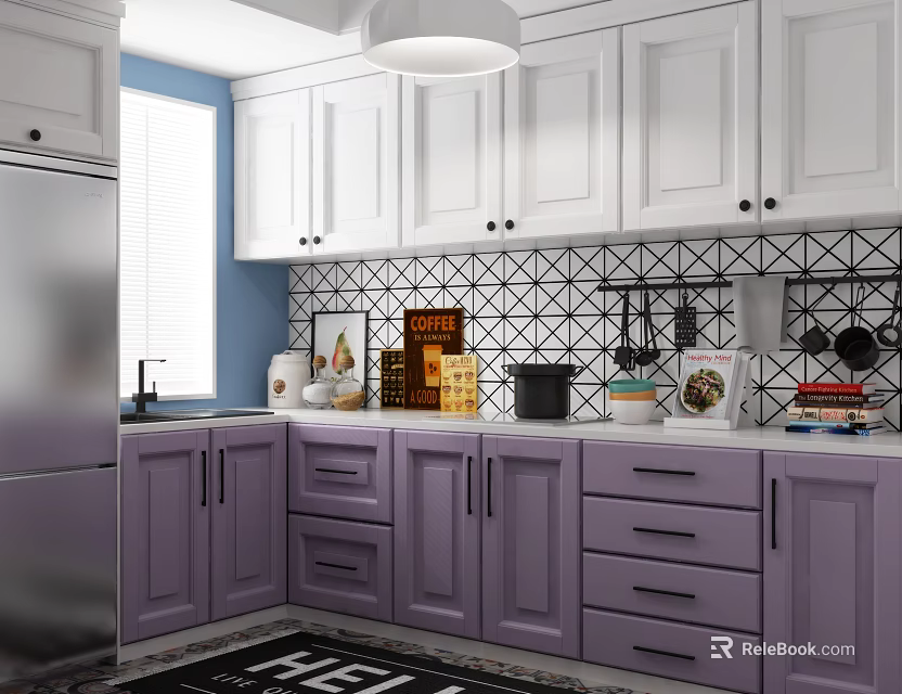 Modern Kitchen With White Upper And Purple Lower Cabinets And Checkered Tile Backsplash 3d model 