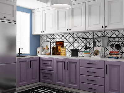 Modern Kitchen With White Upper And Purple Lower Cabinets And Checkered Tile Backsplash 3d model