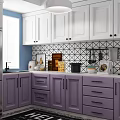 Modern Kitchen With White Upper And Purple Lower Cabinets And Checkered Tile Backsplash 3d model