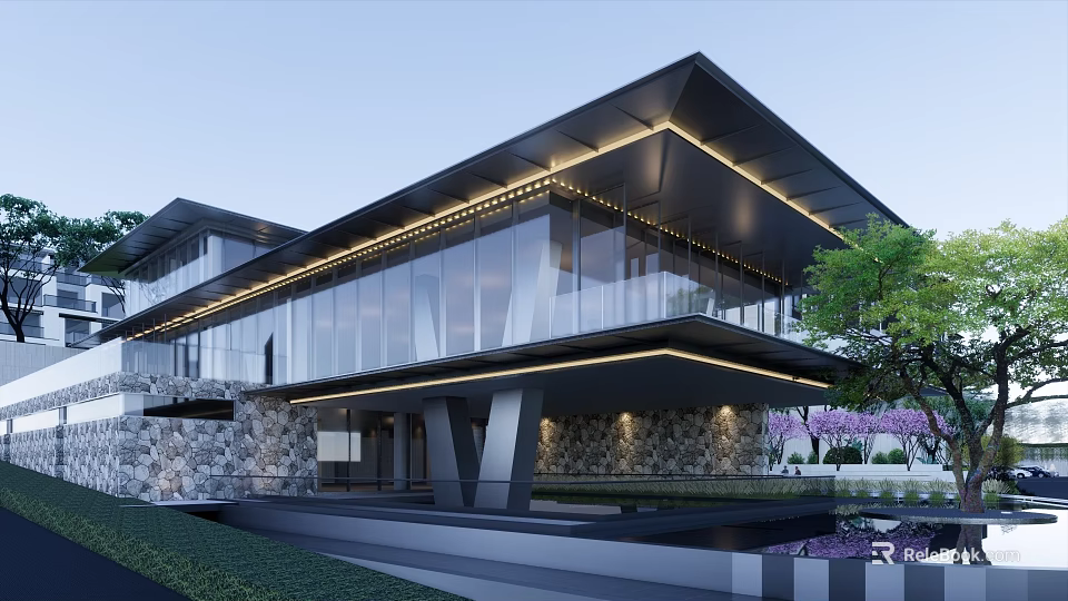 Modern Contemporary Building With Glass Facade Black Roof And Stone Wall Greenery Water Feature 3d model 