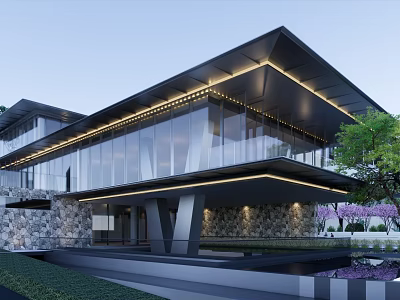 Modern Contemporary Building With Glass Facade Black Roof And Stone Wall Greenery Water Feature 3d model
