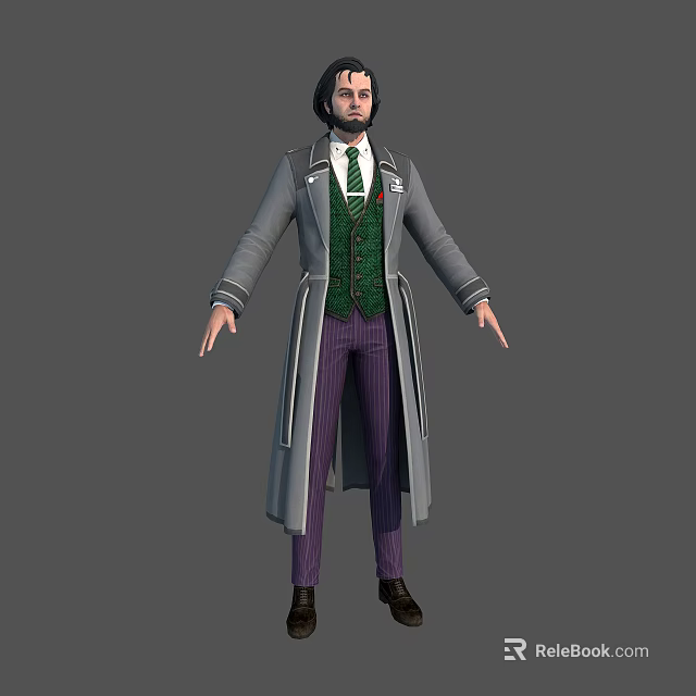 3D Character Model In Gray Long Coat Green Vest And Striped Purple Pants With Tie 3d model 