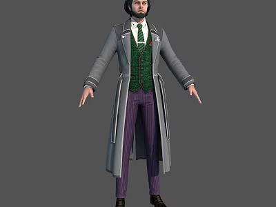 3D Character Model In Gray Long Coat Green Vest And Striped Purple Pants With Tie 3d model