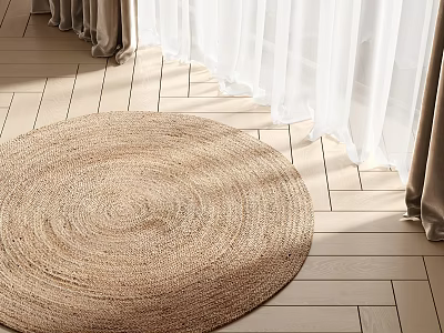 Natural Woven Round Rug With Light Brown Tone On Wooden Floor And Curtains 3d model