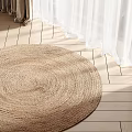Natural Woven Round Rug With Light Brown Tone On Wooden Floor And Curtains