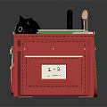 Decorative Red Storage Box With Black Cat And Colorful Supplies Inside 3d model