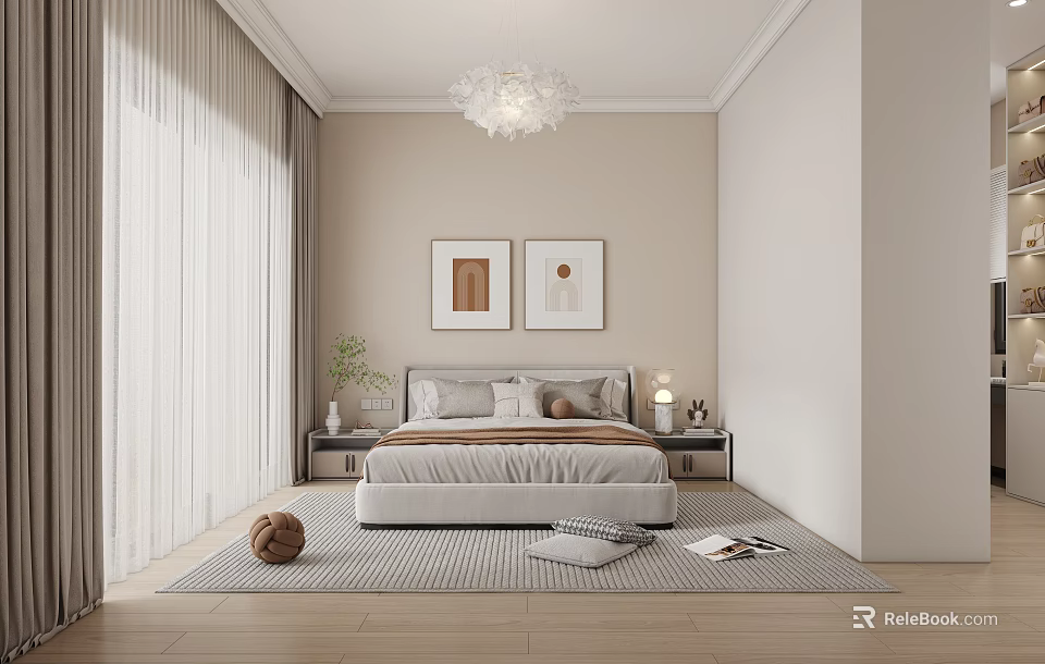 Modern Bedroom Interior With Beige Walls White Chandelier And Decorative Paintings 3d model 