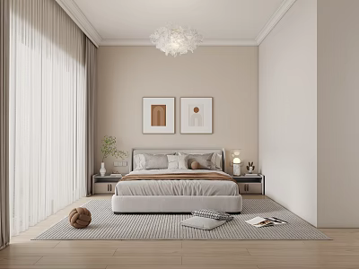 Modern Bedroom Interior With Beige Walls White Chandelier And Decorative Paintings 3d model