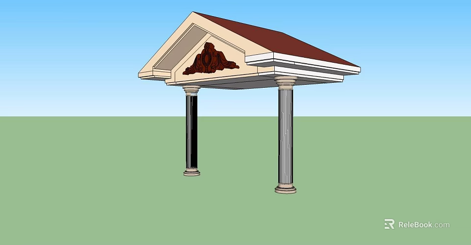 Classical Portico Structure With Red Roof Two Columns And Triangular Top Decorative Carving 3d model 