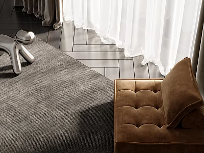 Brown Upholstered Single Sofa On Gray Rug With White Curtains And Sunlight 3d model