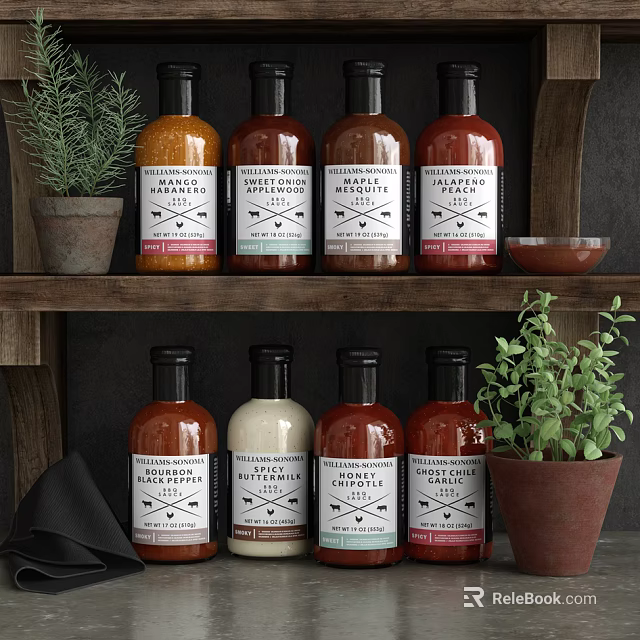Harvest Maple And Smoky Chipotle Seasoning Bottles On Wooden Shelf With Green Plants 3d model 