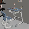 Adjustable Kids Study Desk With Blue Chair Table Lamp Stationery And Bookshelf