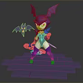 Purple Cartoon Bat Character With Yellow Eyes And Bat Shaped Object On Brick Platform