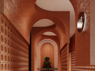 Modern Office Corridor With Red Arched Walls Circular Hole Decorations Green Plant And UP Sign 3d model