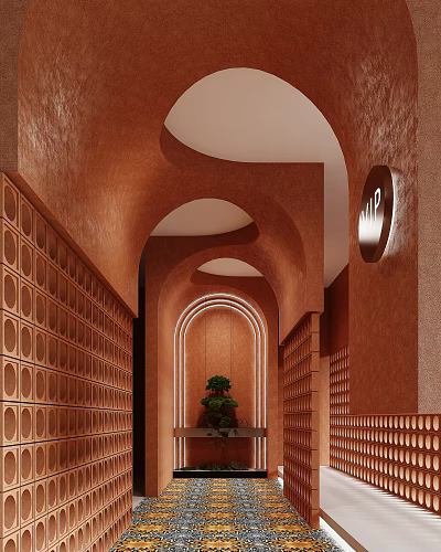 Modern Office Corridor With Red Arched Walls Circular Hole Decorations Green Plant And UP Sign 3d model