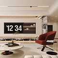 Modern Living Room Interior Featuring White Sofa Red Accent Chair Round Coffee Table TV Wall