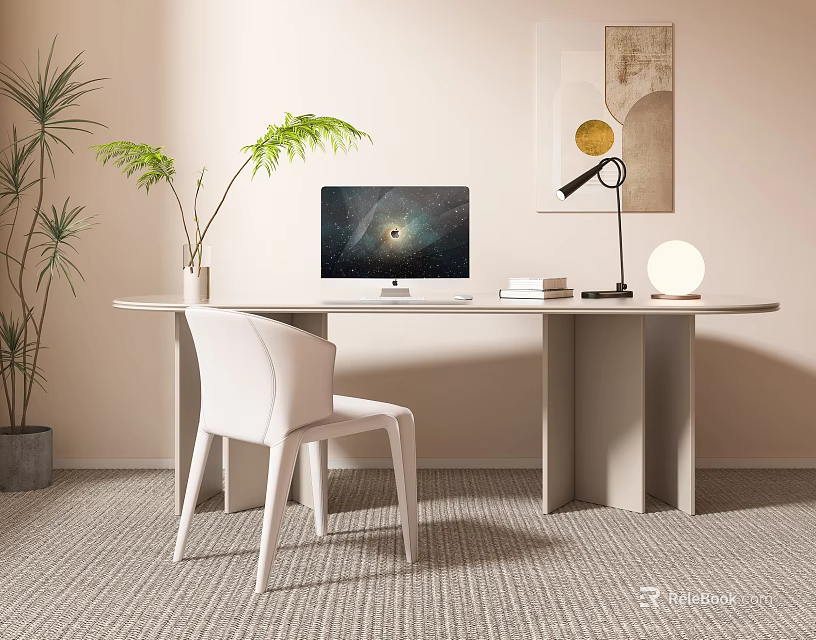 Modern Minimalist Desk Space With Computer Monitor White Chair Round Lamp And Wall Art 3d model 