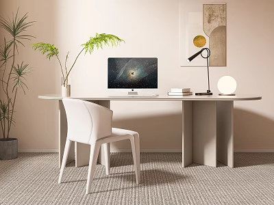 Modern Minimalist Desk Space With Computer Monitor White Chair Round Lamp And Wall Art 3d model