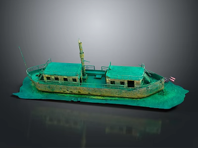 Vintage Ship Model Architecture With Green Roofs Yellow Walls And American Flag 3d model