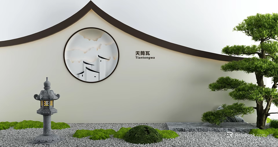 Chinese Landscape Wall With Circular Window And Hui Style Architecture 3d model