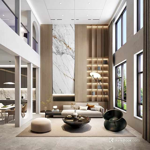 Modern Duplex Living Room With Marble Decor And Large Windows 3d model 