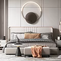 Modern Bedroom Interior Design With Bed Nightstands Circular Wall Decor And Pendant Lights