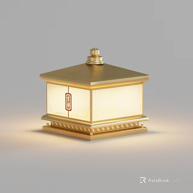Golden Chinese Style Decorative Outdoor Light with Square Design and Transparent Lampshade 3d model 