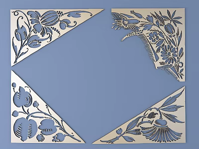 Intricate Carved Floral Patterns Triangular Decorative Elements With Leaf Details Against Blue Background 3d model