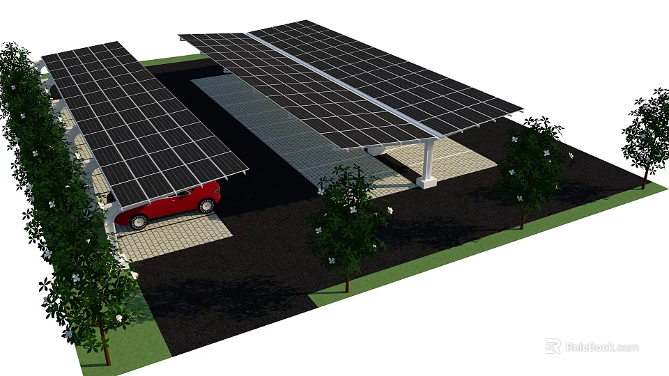 Solar Panel Covered Carport Structure For Parking With Red Car And Trees 3d model