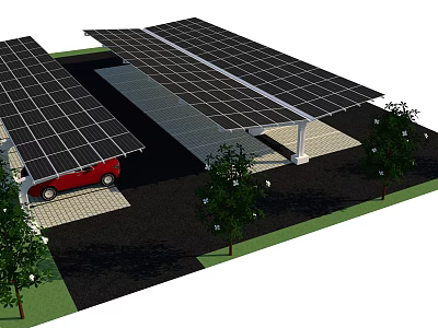 Solar Panel Covered Carport Structure For Parking With Red Car And Trees 3d model