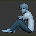 Blue Haired Humanoid Creature Character Sitting Hugging Knees On Reflective Gray Floor