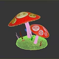 Red Mushrooms With White Spots Growing On Soil And Green Grass
