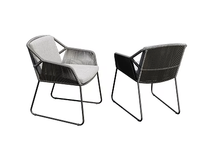 Two Modern Leisure Chairs With Wicker Design Metal Frame And Gray Cushion 3d model
