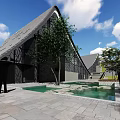 Modern Museum Building Curved Glass Facade Wooden Elements Plaza And People Walking Under Blue Sky