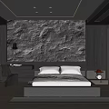 Modern Bedroom Interior With Textured Stone Wall Ceiling LED Lights And Minimalist Bed